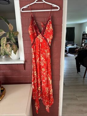 Free People Intimately Orange and Tan Floral Midi Spaghetti Straps Slip Dress M